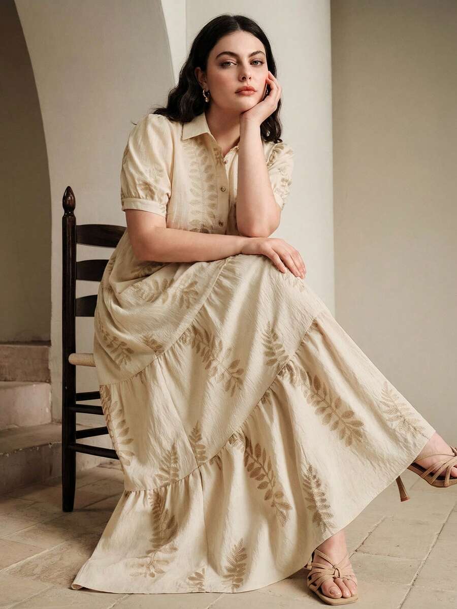 Anewsta Vestido para mujer con cuello bordado de hoja de albaricoque y mangas de pétalos - Albaricoque - Ver 1