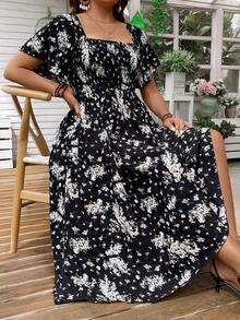 SHEIN Clasi 大码女式方领褶皱碎花连衣裙长款女装 - 黑色 - 查看 5