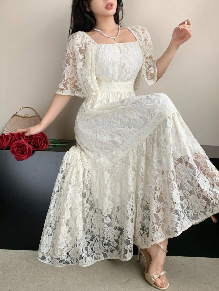 DAZY Đầm ren phối màu tương phản, họa tiết hoa, dáng dài ngang gối, thích hợp cho nữ, kiểu dáng mùa hè, phong cách boho, đi nghỉ mát. - Màu be - Xem 1
