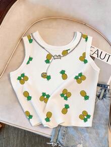 Resyla Women's Fitted Round Neck Tank Top With Allover Pineapple Print - Multicolor - View 3