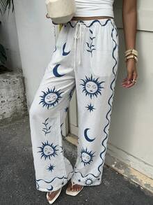Aloruh 度假印花弹力腰直筒休闲裤阔腿裤女高腰夏季裤女夏季套装女度假套装女沙滩装，蓝白印花长裤 - 藍白色 - 查看 4