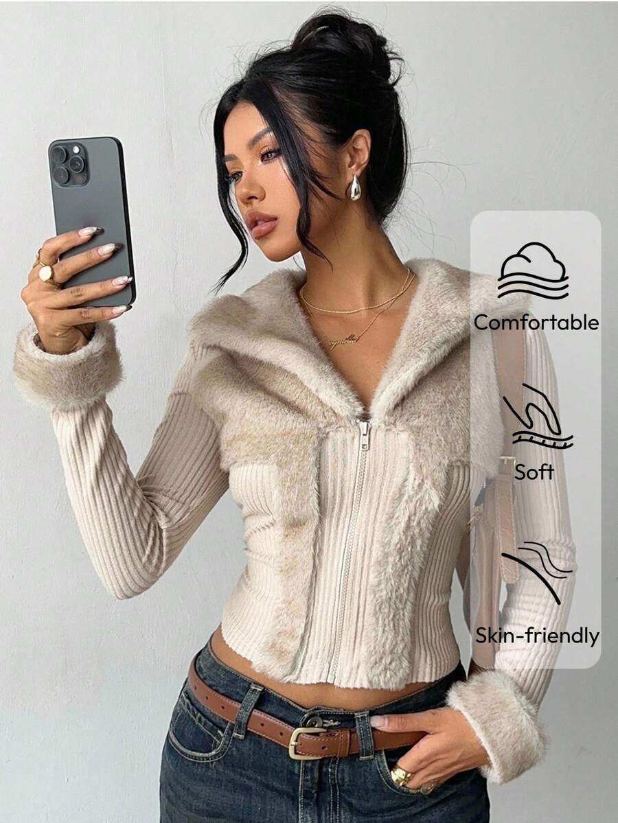 Aloruh 女式秋冬夹克，仿皮草领，拼接设计，复古 Y2K 时尚外套