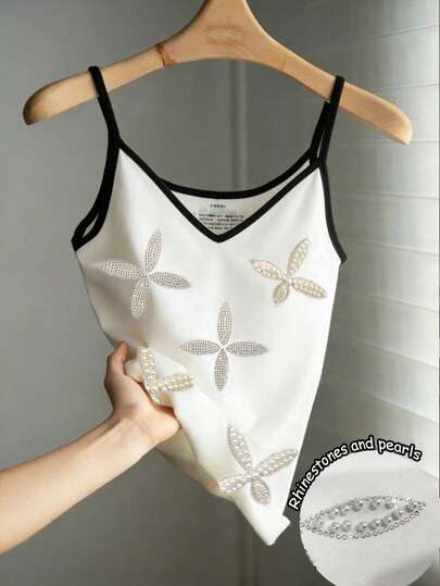 Resyla Contrast Color Pearl Decor Sleeveless Casual Fashion Camisole