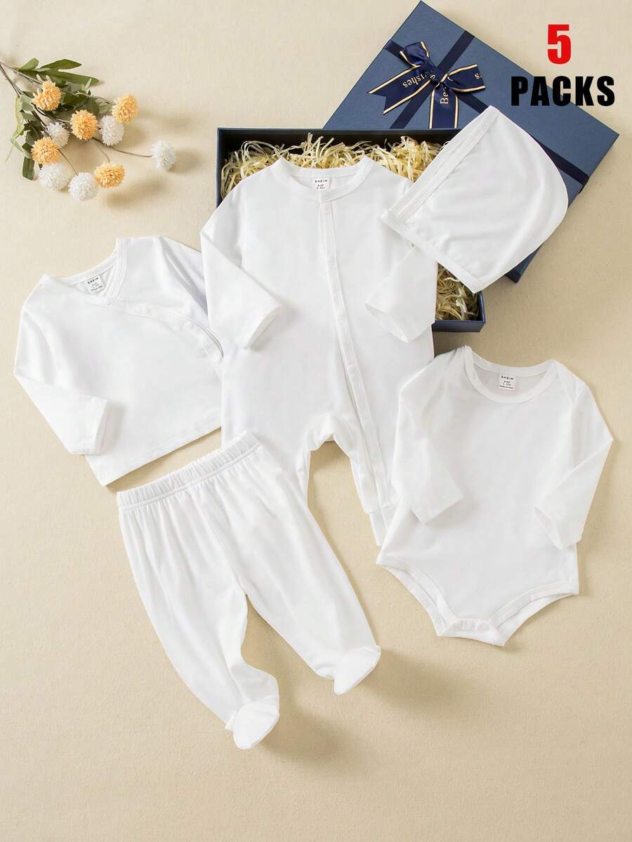Bộ đồ 5 món cho bé gái sơ sinh: Áo liền quần dài tay cổ tròn, áo sơ mi cài cúc bên hông, quần dài có tất, áo liền quần dài tay và mũ, đồ ngủ và mặc nhà mùa xuân/hè. - trắng - Xem 1