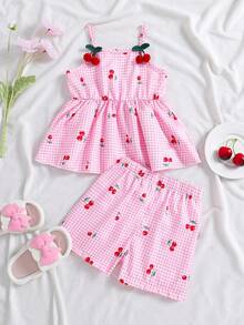 Elladie kids 两件套女童时尚数码印花背心，樱桃3D装饰，搭配松紧腰宽松短裤，适合夏季休闲、海滩、度假等场合。 - 粉色 - 查看 5