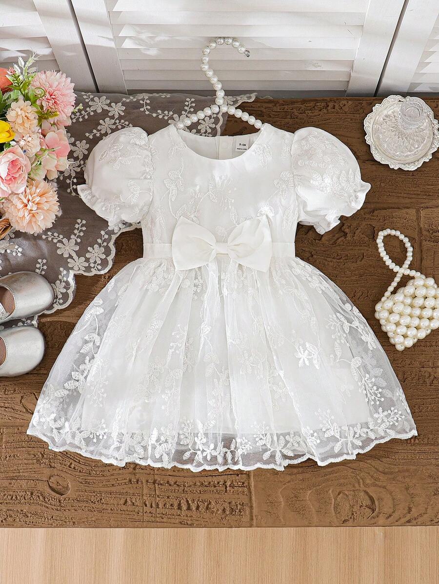 Souflis Souflis 女嬰白色夏季優雅婚紗禮服,奢華可愛柔軟雪紡網紗面料,圓領鬆腰蝴蝶結裝飾喇叭裙,適合派對 - 白色 - 查看 1