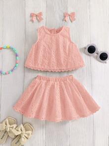 Emery Rose Kids Emery Rose Kids 女嬰休閒極簡舒適圓領無袖露背不對稱下擺背心上衣與裙子套裝 - 粉色 - 查看 4