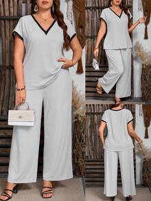 EMERY ROSE Top Solta de Malha com Decote em V e Manga Curta Colorblock em Plus Size para Mulheres, Combinada com Calças, Adequada para Uso Diário, Férias, Festa Casual, Confortável e Versátil, Elegante para Casa, Trabalho, Conjunto de 2 Peças - Caqui - Visão 1