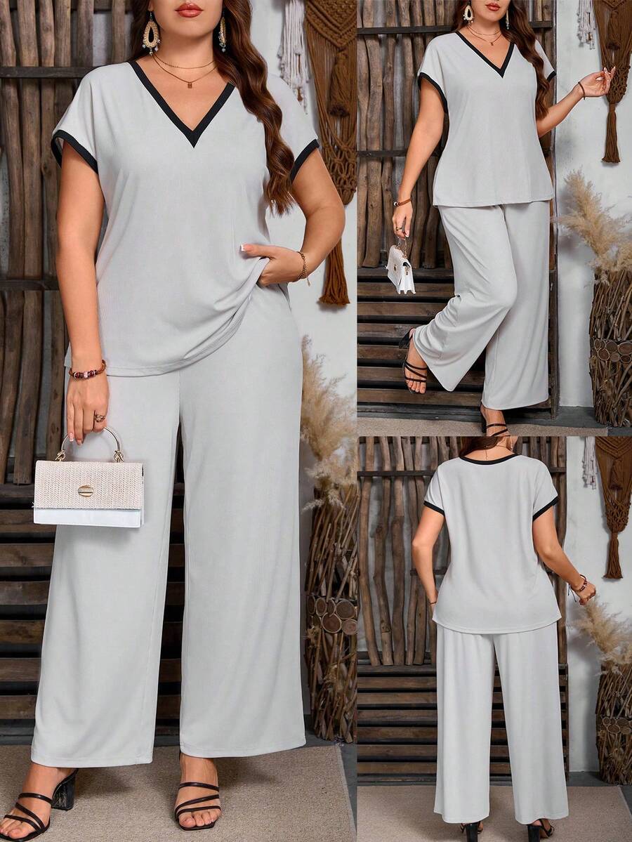 EMERY ROSE Top Solta de Malha com Decote em V e Manga Curta Colorblock em Plus Size para Mulheres, Combinada com Calças, Adequada para Uso Diário, Férias, Festa Casual, Confortável e Versátil, Elegante para Casa, Trabalho, Conjunto de 2 Peças - Caqui - Visão 1