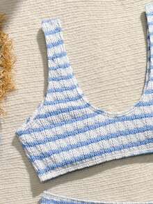 SHEIN 少女条纹泳衣套装，适合海滩度假 - 藍色 - 查看 5