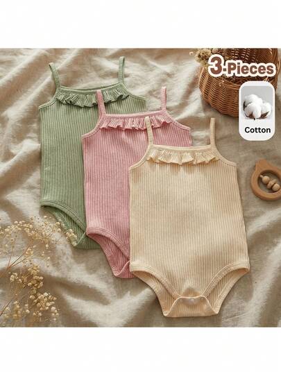Loomiva 3pcs/Set Casual Solid Color Knit Spaghetti Strap Romper For Baby Girl
