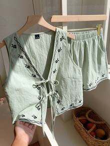 SHEIN EZwear 女士休闲刺绣梭织套装，绿色 - 綠色 - 查看 4