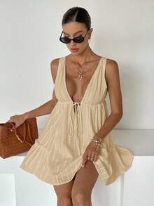 Siren Gaze Women's Sexy V-Neck Tie Front Ruffle Hem Mini Dress Women's Summer Dresses Women's Summer Outfits Women Clothes Dress Vacation Outfits Women Woman Dress,Summer Dresses For Women - Apricot - View 6