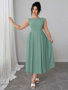 Elenzga 大码女式纯色圆领褶皱无袖优雅连衣裙长款女装 - 水鴨藍 - 查看 4