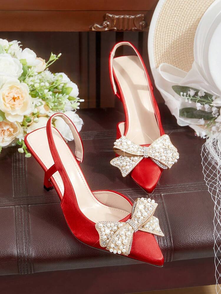CUCCOO HITCHD Women's Pointed Toe High Heel Shoes, Spring/Summer New Arrival, Crystal & Pearl Bow Decor, Red Satin, Comfortable & Elegant, Suitable For Weddings, Parties, Formal Occasions