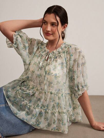 Freevana ボヘミアン ヴィンテージ シフォンカバーアップ、ストライプ小花柄 ドローストリング Vネック レイヤード パフスリーブ ルーズカジュアルトップス、夏