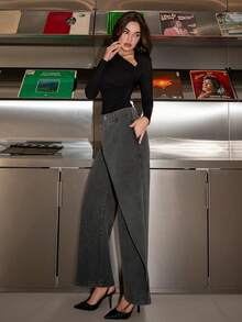 Bris Aura 秋季女式不对称领长袖修身衬衫，简约优雅时尚都市通勤商务休闲装，适合教师、办公室、学校、外出、基本款上衣 - 黑色 - 查看 3