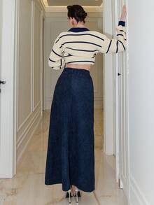 Bris Aura Women's Solid Color Long Elegant Commuting A-Line Skirt With Pockets - Navy Blue - View 5