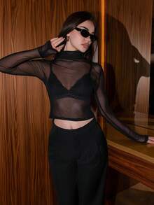 Bris Aura Stockholm Style, Women's Teacher Outfit, Autumn Clothing, High Collar Turtleneck Knit Top, Elegant Autumn/Winter Blouse, Mesh Long Sleeve Shirt, Business Casual Women's Basic Top - Black - View 6