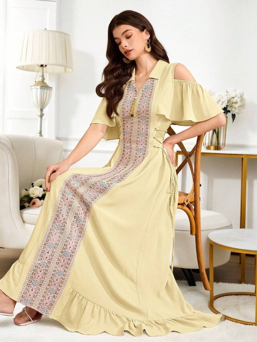 Al Najma Women's Off-Shoulder Ruffle Trim Casual Elegant Tie Strap Arabic Style Dress