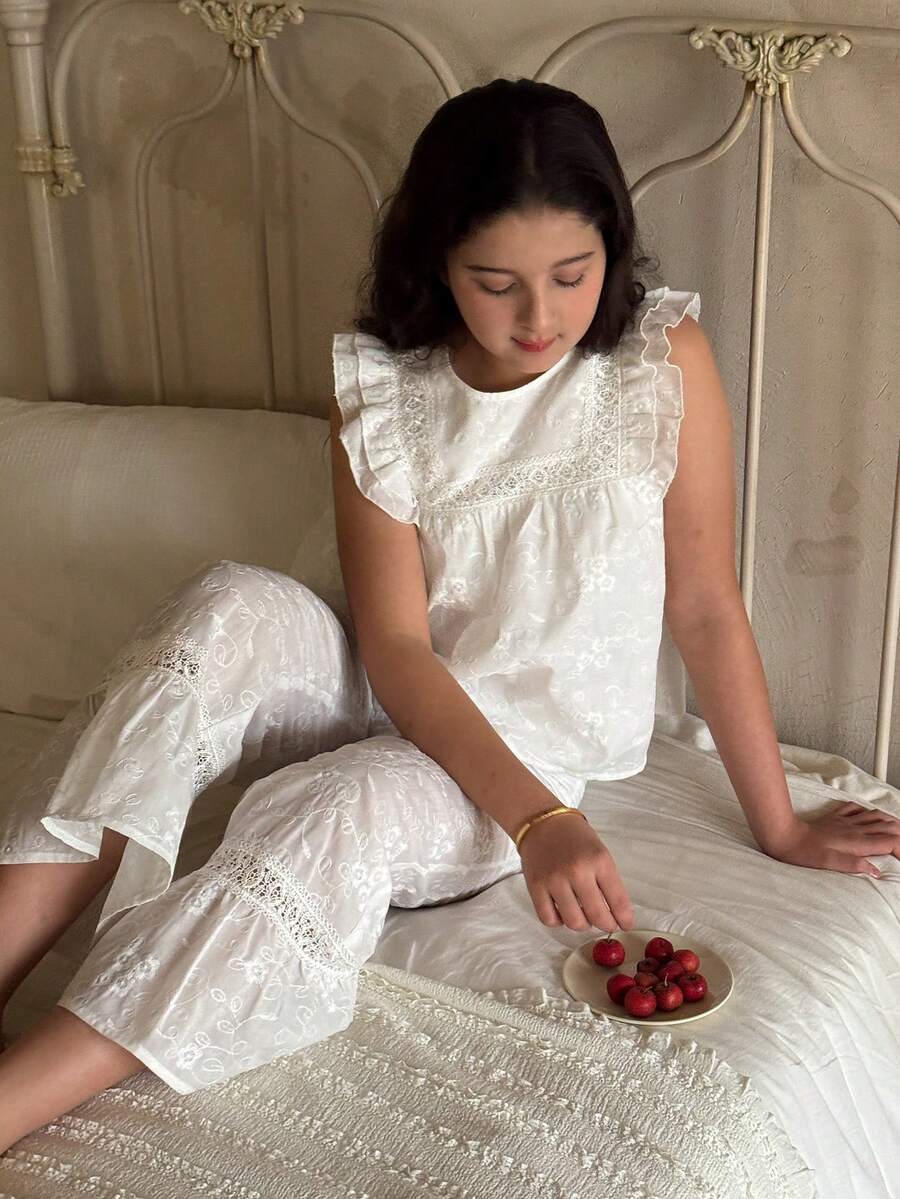 DAZY Đồ ngủ thêu kiểu Pháp cho bé gái, quần áo mặc nhà dễ thương, mùa xuân/hè, quần áo mùa thu cho bé gái tuổi teen, quần áo mặc nhà cho bé gái tuổi teen - Màu be - Xem 1