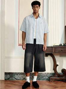 SWAVVY 男士浅色纹理短袖休闲衬衫 - 藍色 - 查看 2