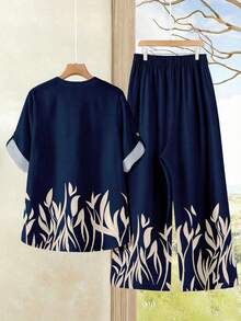 EMERY ROSE Leaf Print Plus Size Women Rolled Sleeve Shirt And Pants 2 Pieces Set, Suitable For Vacation - Multicolor - View 2