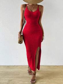 Breezaya 女士纯色开衩设计优雅收腰派对针织吊带裙 - 紅色 - 查看 7