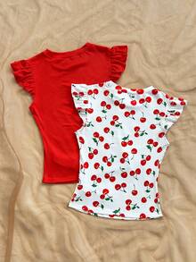 Soleia WYWH 度假风荷叶边罗纹白色针织T恤，两件套，含樱桃纯色T恤，波西米亚风，浪漫花卉图案，适合度假、派对、约会、情人节、复活节、狂欢节、下午茶、海滩、邮轮、城市度假等场合。 - 彩色 - 查看 2