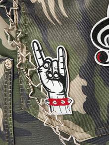 ROMWE Grunge Punk 1 pieza Mochila con cordón de gran capacidad y múltiples bolsillos, estilo versátil y casual, unisex, adecuada para ir al trabajo, socializar y hacer compras, con bordado de nota musical de camuflaje retro y parche de barra oscura - Verde medio - Ver 3