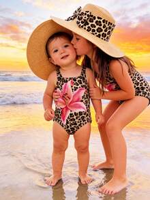 SHEIN 复古度假豹纹百合印花图案，女婴休闲简约修身连体泳衣，适合夏季穿着 - 彩色 - 查看 6