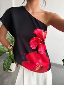 RiviMae 女士不对称下摆印花露肩上衣 - 黑色 - 查看 5