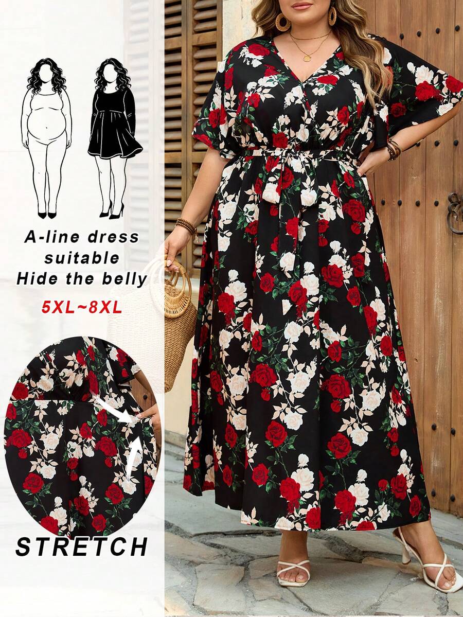 SHEIN CURVE+ 尺码 US22 适合音乐节、海滨度假、波西米亚风休闲复古大碎花宽松抽绳连衣裙,适合春夏穿着,大码身材,适合休闲度假,飘逸连衣裙,女士沙滩装/沙滩裙/沙滩度假装/沙滩必备/毕业典礼/下午茶会连衣裙/夏季/乡村/沙滩度假装/沙滩装/沙滩服饰 - 彩色 - 查看 1