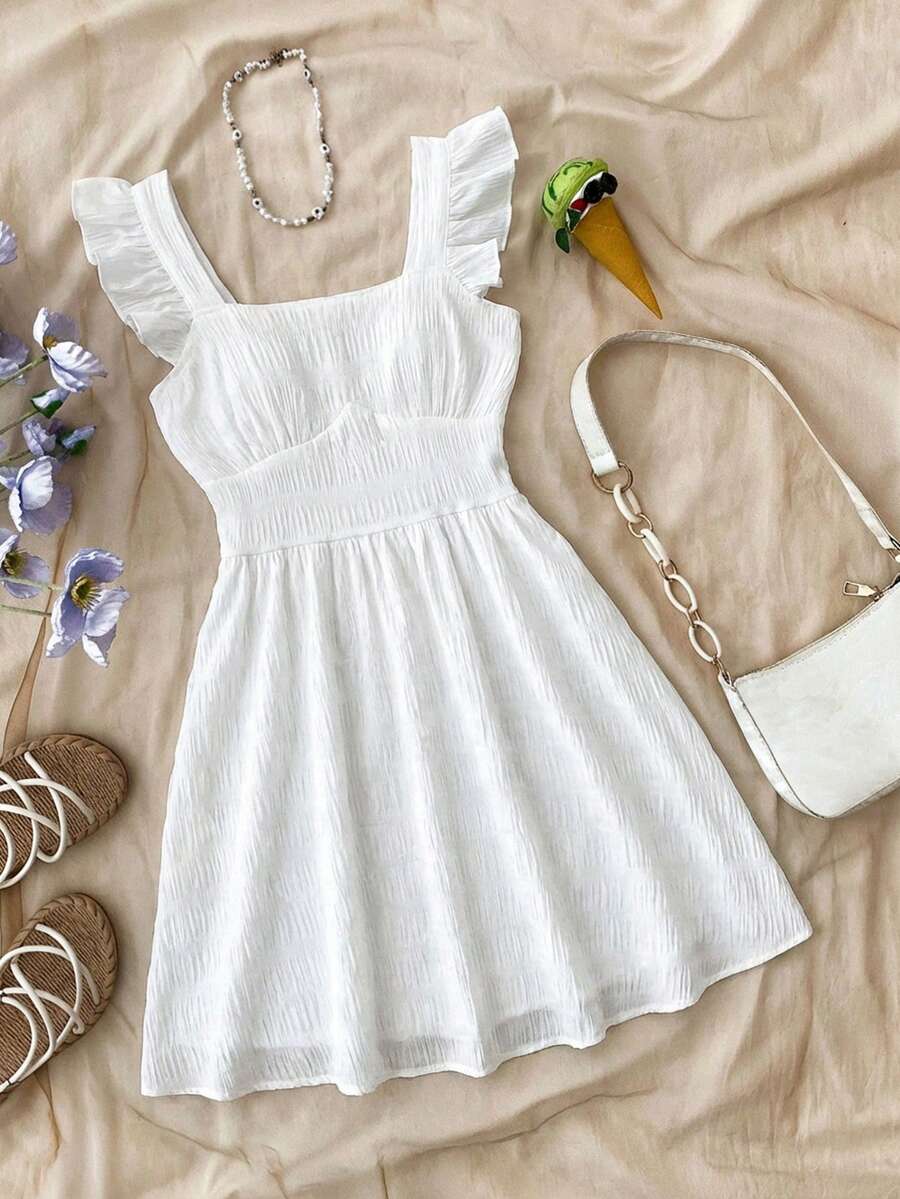 SHEIN Teen Girls Cap Sleeve Bow Back Casual Dress, Fashionable, Versatile, Suitable For Party, Outing, Sister Photo Shoot, Park, Camping, Vacation, Daily Casual Wear - White - View 1