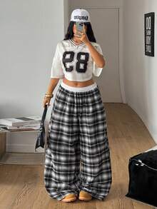 Coolane 大码弹力腰带抽绳格子宽松裤，带口袋 - 黑與白 - 查看 4