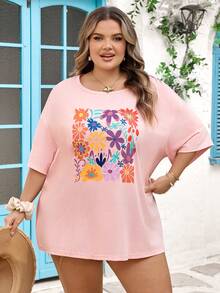 SHEIN CURVE+ Curve 尺码 US22 音乐节、海滨度假、波西米亚风女式印花T恤，休闲百搭，适合假日和日常穿着 - 粉色 - 查看 8