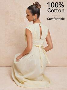 Lumalex Buttercream 100% COTTON White Summer Elegant Tea Party Midi Dress,Boat Neck Soft Cap Sleeves Empire Waist A-Line Open Back Wedding Guest Party Dress - Light Yellow - View 3