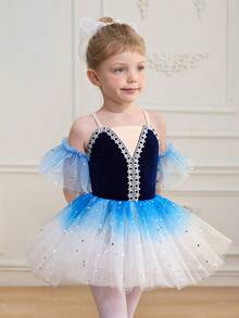 SHEIN Vestito da balletto tutu per ragazze giovani, abito da ballo con maniche in rete a contrasto di colore, orlo in rete sfumato, maniche in rete da principessa, elegante e alla moda - Blu - Visualizzare 3