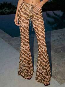 SHEIN ICON 女士外出性感度假假日派对俱乐部音乐会科切拉辣妹时尚性感豹纹透视喇叭裤，夏季 - 彩色 - 查看 1