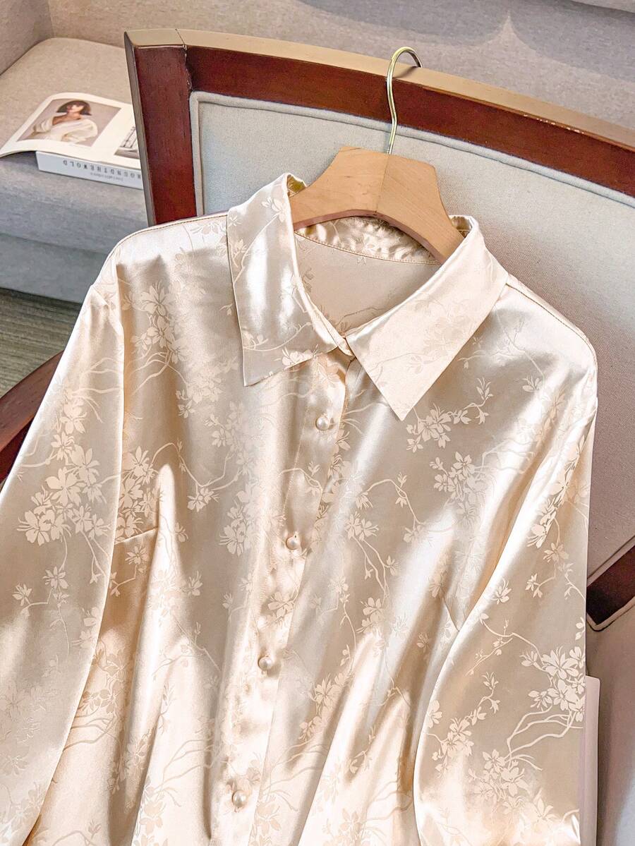 GlowEve CURVE Plus Size Women's Long Sleeve Blouse,Chinese Style Satin Shiny Finish Shirt, 3D Graphic,Elegant,Formal,Champagne,Autumn Party Commute Blouse Fall - Light Yellow - View 1