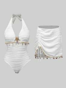 Swim Oasis White Summer Casual Holiday Party Vacation Elegant Starfish & Shell One-Piece Swimsuit,Paired With Skirt 2 Pieces Set Women's Beach Boho Swimwear - White - View 13