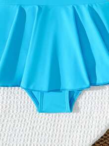 SHEIN Young Girl Patchwork Color Block One-Piece Swimsuit With Skirt,Neon Bright Colors Kids Swim Dress For Tweens,Summer Beach Holiday Bathing Suits - Multicolor - View 6