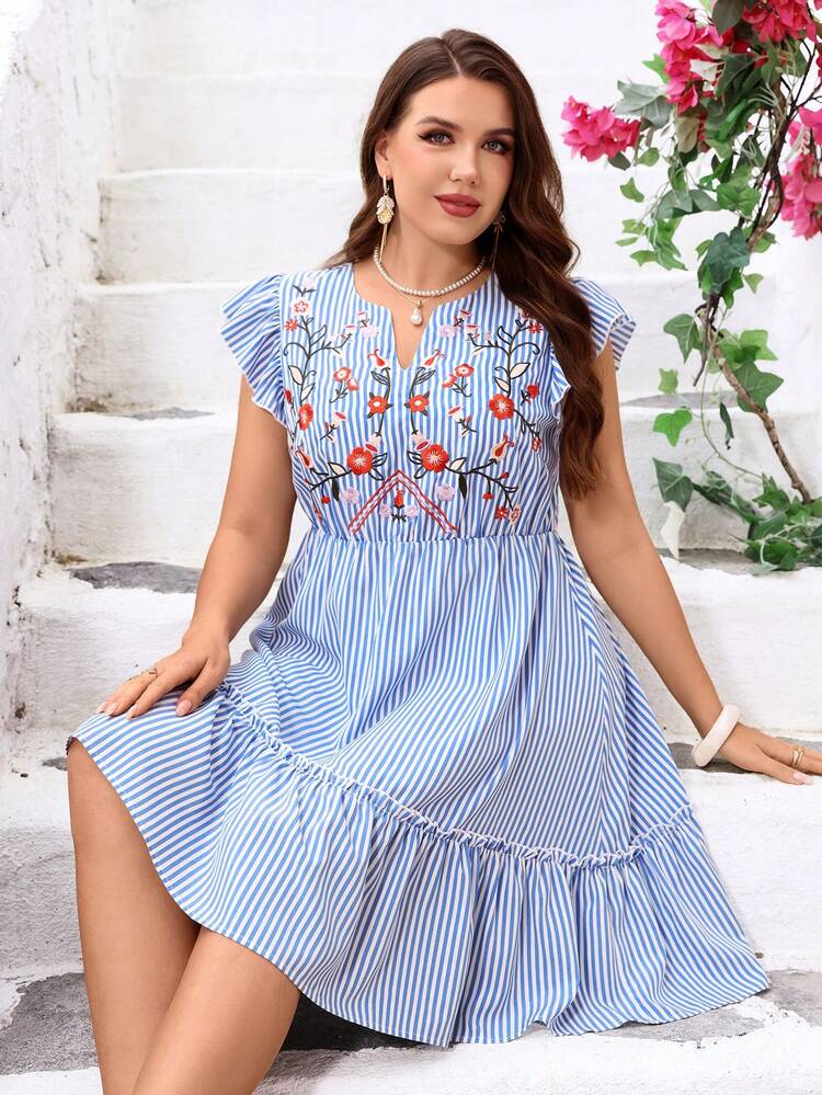 Plus Size Women Summer Vacation Elegant Casual  Blue & White Striped Floral Embroidered Dress,Summer Vacation,Casual Holiday Style,Summer Outfits For Women ,Vacation Outfits Women ,Holiday Outfits For Women,Going Out Outfits,New Clothes,Simple And Fashionable For Everyday Wear,Suitable For Summer, Vacation, Daily Wear, Festival Outfits For Women,Country Concert Outfit,Beach Outfits For Women,Western Style,Flowy Dress,Gifts For Mother,Boho Dress