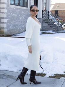 Melissa Matos 女式 V 领长袖收腰长款针织毛衣裙，秋季 - 白色 - 查看 3