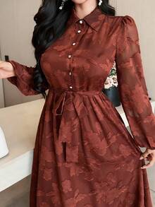 DAZY 女士优雅印花系带中长连衣裙，秋冬款 - 棕色 - 查看 7