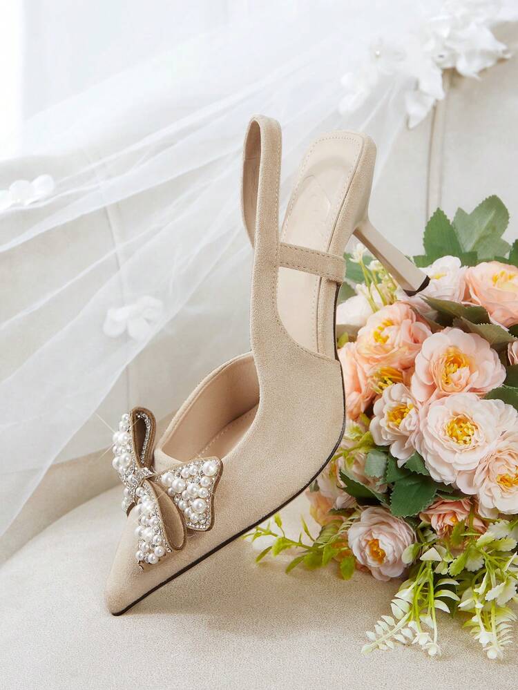 CUCCOO HITCHD Women's Pointed Toe High Heel Shoes, Spring/Summer New Arrival, Faux Suede Fabric, Rhinestone & Pearl Bow Decor, Apricot Color, Comfortable & Elegant, Suitable For Weddings, Parties, Formal Occasions