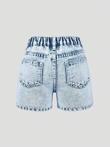 Young Girl Y2K Fashion Light Blue Heavily Washed Embroidered Cute Flower Girls Denim Shorts, Suitable For Daily Wear - Light Wash - View 2