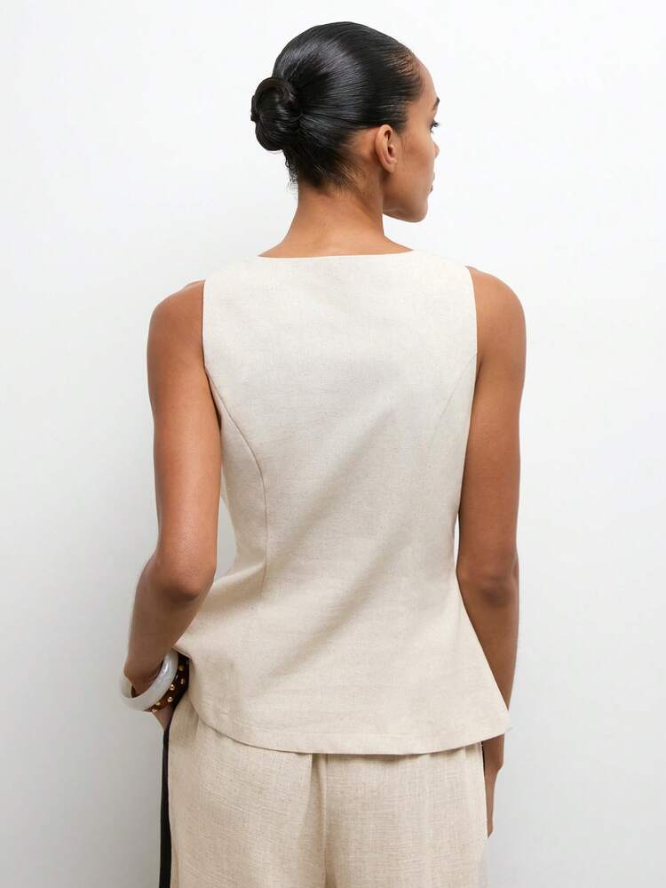 SHEIN Maija Women's Summer Casual Beige Blazer Vest,Front Button Square Collar Thin Top For Bissness Commuter,Beach Holiday Outfit,Graduation Vacation Outfits