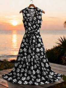GlowEve CURVE Plus Size Women's Black & White Floral Print V-Neck Button Down A-Line Maxi Dress,Elegant Boho Summer Vacation Holiday,Sleeveless Ruffle Hem Sundress - Multicolor - View 1
