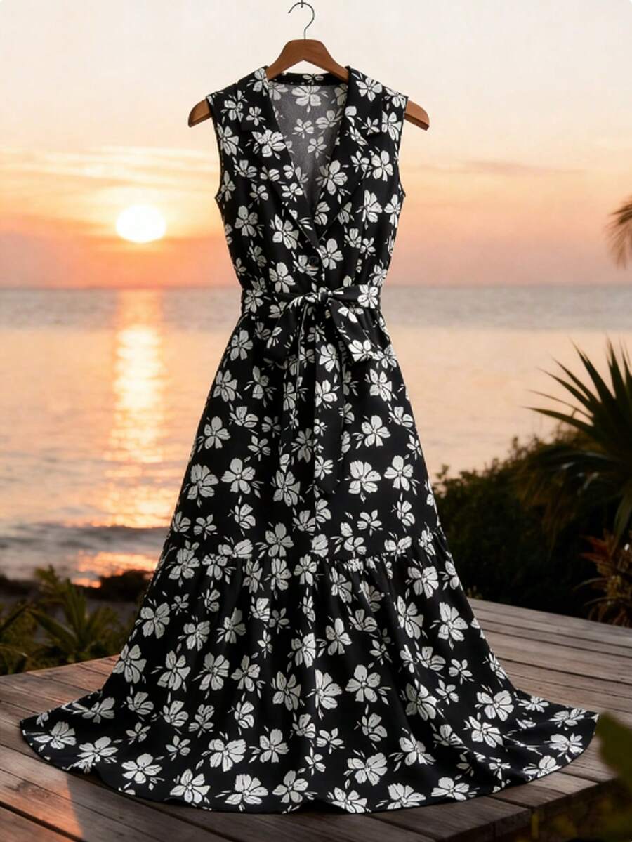 GlowEve CURVE Plus Size Women's Black & White Floral Print V-Neck Button Down A-Line Maxi Dress,Elegant Boho Summer Vacation Holiday,Sleeveless Ruffle Hem Sundress - Multicolor - View 1